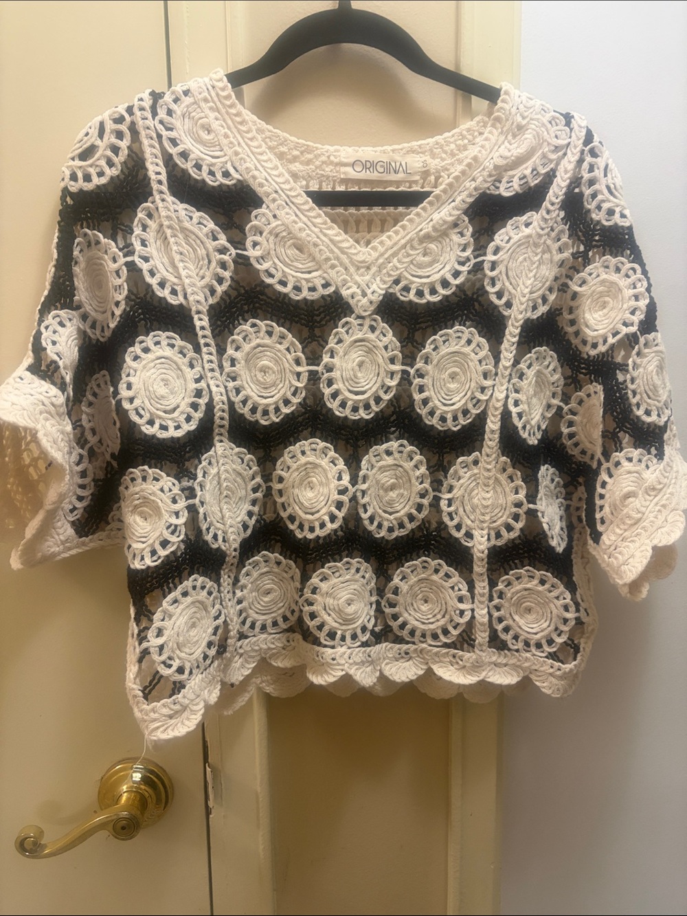 Designers Originals Black Crochet Overlay Top with Cream Motifs